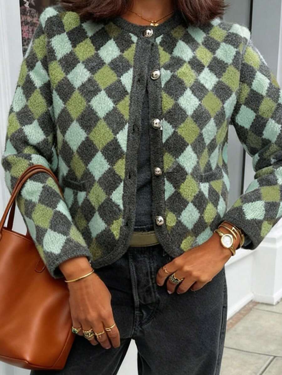 秋冬季女装通勤休闲都市现代格纹纽扣圆领长袖开衫 - 彩色 - 查看 1
