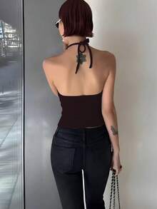 Áo hai dây gợi cảm hở lưng, ôm sát, kiểu áo layering cho nữ, thích hợp mặc mùa thu/đông hoặc mùa hè. - màu nâu - Xem 2