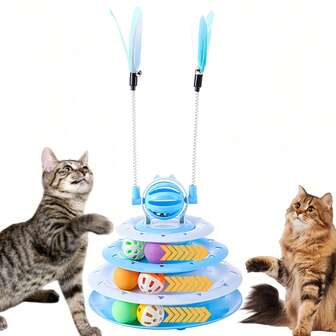 4-Tier Track Ball Cat Toy, Indoor Small Cat Interactive Toy, Includes 6 Cat Interactive Puzzle Balls, Toy Balls, Top Has Bells On 2 Teaser Wands, Gift For Pets, Promotes Mental Stimulation And Physical Activity, Also Triggers Hunting Instinct