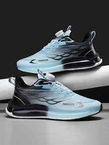 1 Paio di scarpe da corsa su strada con lacci, in tessuto sportivo a righe e motivo geometrico, sneaker casual atletiche per uso all'aperto, palestra, campus, vacanza, adatte per tutte le stagioni - Blu - Visualizzare 4