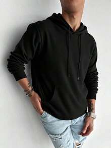 Men's Solid Color Long Sleeve Casual Hoodie With Drawstring And Pockets - 黑色 - 查看 2