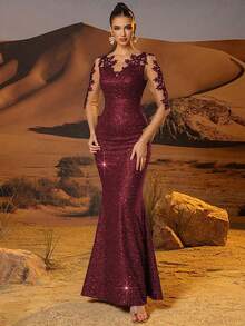 CHOSMO 优雅纯色亮面针织露背女士礼服，适合婚礼宾客、返校节、派对、周年纪念、音乐节、鸡尾酒会、正式晚宴、拍照、毕业典礼、旅行、舞台表演等场合。春季 - 酒紅色 - 查看 8