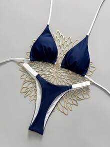 Women's Navy Blue Halter Thong Bikini Set With Lace Up Detail High Stretch Beach Swimwear - Navy Blue - View 1