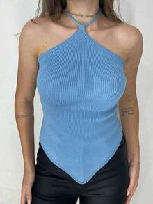 Cropped Ribbed Modal Women's Plain Halter Summer Tie Neck Knit Moura Tricot - Baby Blue - View 1