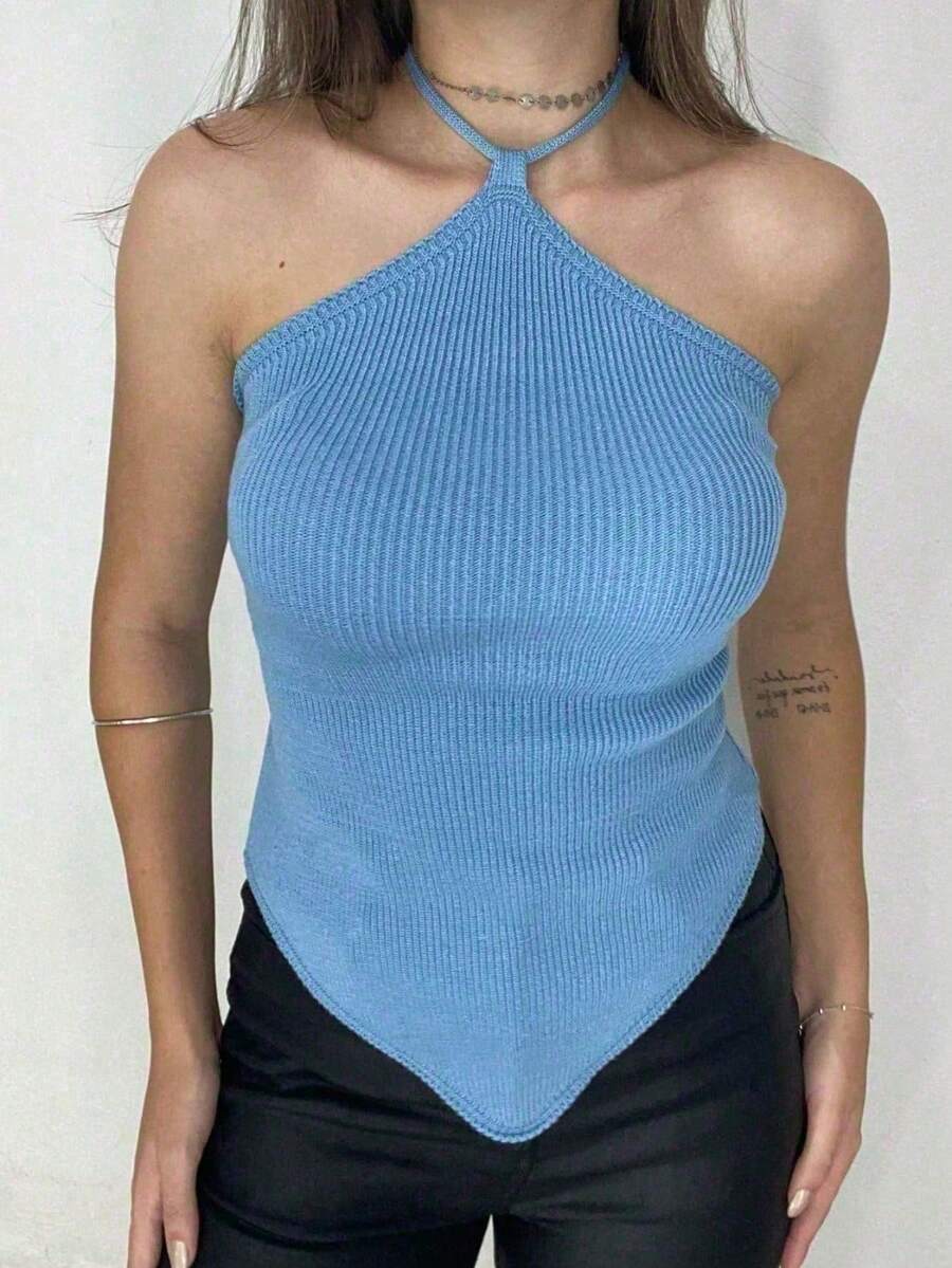 Cropped Ribbed Modal Women's Plain Halter Summer Tie Neck Knit Moura Tricot - Baby Blue - View 1