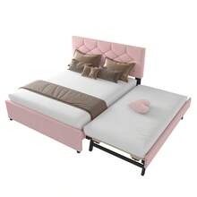 Upholstered Bed, 90x200cm, Bed With Slatted Base (Without Mattress), Bed With Storage Container, Velvet, Minimalist, Pink - Pink + Velvet + 140cm*200cm - View 11