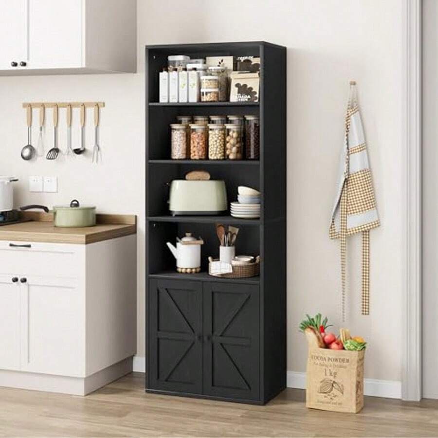 Librería grande de 4 niveles con puertas de tablero de partículas con diseño cruzado, amplio espacio de almacenamiento para oficina en casa y sala de estar - Negro - Ver 1