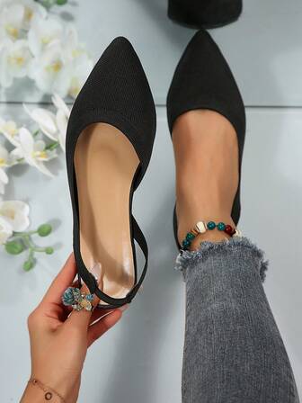 Black Fabric Flat Loafers, Pointed Toe Slip-On Mule Shoes, Hollow-Out Casual Flats, Elegant Moccasins, Suitable For Office And Commuting, Minimalist Style, Spring/Autumn