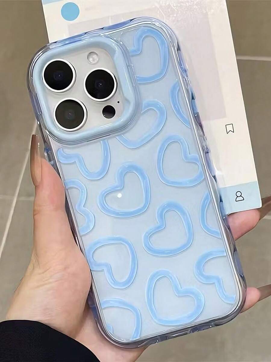 1个超薄天蓝色个性化线条爱心图案手机壳,适用于 16、15、14、13、12 Pro Max、11,韩版可爱防震手机壳,送给女孩的礼物,也适用于 17/17 Pro/17 Pro Max/17 Air - 藍色 - 查看 1