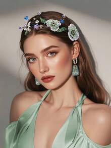 1 Stück Blumen Haarband, frisch mit Kunstkristall-Perlen, Fairy Haarschmuck, Braut Kopfbedeckung, Hochzeit Party Veranstaltung Fotografie Casual Täglicher Gebrauch Haaraccessoire für Frauen, Frühling/Sommer Reise Accessoires - Grün - Übersicht 3