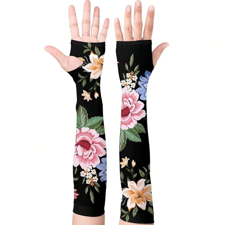 Gardening Sleeves Farm Sun Protection Arm Cooling Sleeves Thorn Proof Garden For Women Men With Thumb Hole,BlackFlower - 蒙特內哥羅 - 查看 1