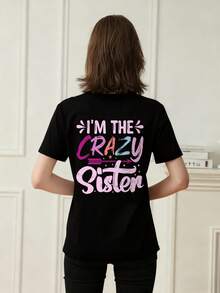 少女休闲印花黑色圆领短袖T恤，夏季上衣 - 黑色 - 查看 2