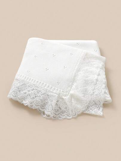 1pc Casual Minimalist Fashion Baby Knitted Blanket, Sweet Lace Patchwork Children's Cozy Throw Blanket, Versatile For All Seasons