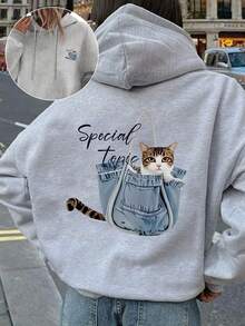 Áo hoodie cỡ lớn in hình mèo dễ thương và denim, phong cách ngọt ngào pha chút trẻ trung, thoải mái. - Màu Xám nhạt - Xem 5