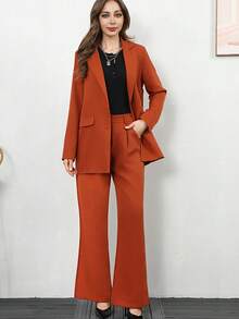 FD1114 Spring Women's Two Pieces Set Long Sleeve Coat &Office Business Pants - Coffee Brown - View 5