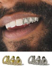 1pc Hollow-Out Copper Micro-Inlaid Zirconia Metal Shiny Hip-Hop Tooth Jewelry, Fashion Party Nightclub Accessory, Unisex Christmas Gift - Multicolor - View 2