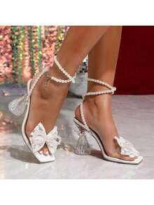 Giày cao gót nơ hở lưng màu kem thanh lịch, tối giản và đa năng, mũi vuông đính pha lê, nơ ngọc trai giả màu trắng - Thoải mái cho mọi mùa, hoàn hảo cho tiệc tùng và đám cưới - Kem - Xem 15