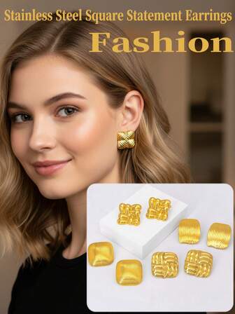 Women's Stainless Steel Fashion Jewelry Earrings, Vintage Personalized Striped Textured Earrings, Gold Minimalist Casual Geometric Element Earrings, Low Allergy Stainless Steel Textured Striped Earrings - Wedding Party Jewelry, Luxurious Elegant Cute Accessories, Gifts For Carnival, Christmas, Valentine's Day, Mother's Day, Suitable For Daily Wear And Gatherings, Makeup Balls