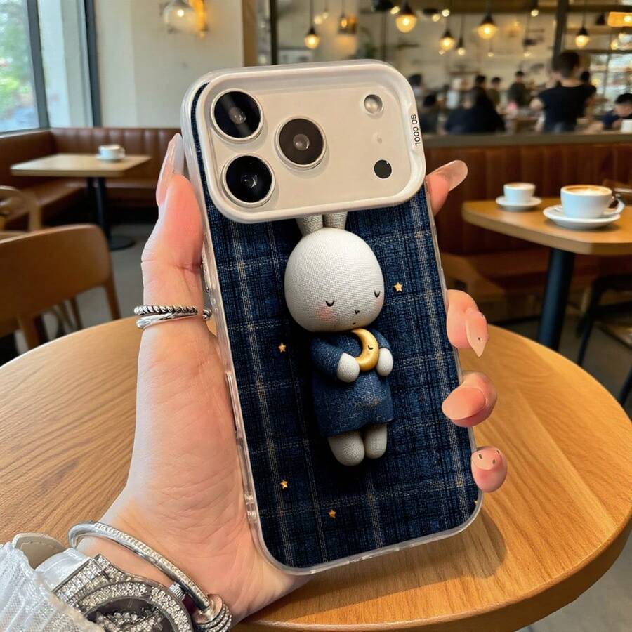 Funda de Teléfono Cuadros Azules Conejo con Patrón de Luna para Modelos de y Adecuada para Todas las Estaciones Opción de Regalo Ideal - Plateado - Ver 1