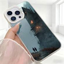 Cubierta de telefono con diseño de castillo encantado azul oscuro con siluetas de personas y texto 8000 para uso diario en cafeterias - Blanco - Ver 5