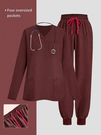 Solid Color Long Sleeve V-Neck Multi-Pocket Uniform Set, Fashionable Commuting Workwear For Nurses, Nannies, Dental/Beauty Clinics, 2-Piece Set