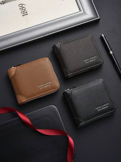 Men's Short Bifold Wallet, Horizontal Multi-Card Slots Zipper Coin Purse, Multifunctional Card Holder