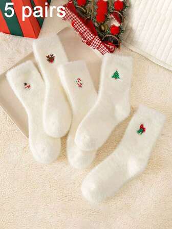 5 Pairs Women's Christmas Pattern Fuzzy Mid-Calf Socks - Warm, Comfortable, Soft - Suitable For Autumn/Winter Daily Wear, Holiday Gifts, Christmas Parties