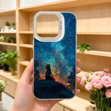 Funda de teléfono con diseño de estrellas y silueta azul oscuro impresión de cielo estrellado y persona sentada en roca para uso diario y ocasiones especiales Aplicable a los teléfonos de la serie Apple y Galaxy - Blanco - Ver 5