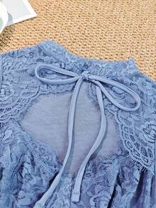 EZNV 1pc Lace Patchwork Fishbone Corset Top, Waist Cincher Bustier - Dusty Blue - View 5