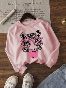 女士秋季虎纹印花圆领卫衣，休闲宽松多功能度假风上衣，适合日常穿着，秋冬时尚 - 粉色 - 查看 2