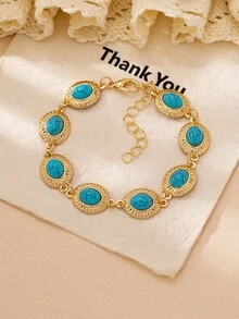 Bộ trang sức nữ vòng cổ, vòng tay, hoa tai, vòng tay ngọc lam, phong cách Bohemian cổ điển thanh lịch, thích hợp làm quà tặng, tiệc tùng, dạ tiệc và đeo hàng ngày - Màu xanh lam - Xem 3