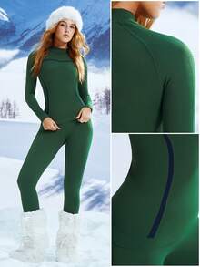 Leorrey 一套女士时尚撞色圆领柔软舒适塑形提拉保暖长袖长裤滑雪服 - 綠色 - 查看 9