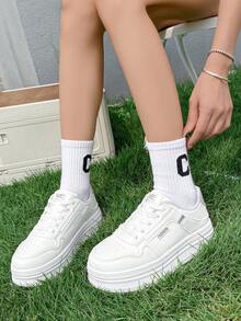 1双女士时尚厚底休闲鞋，百搭系带运动鞋，适合所有季节 - 白色 - 查看 7