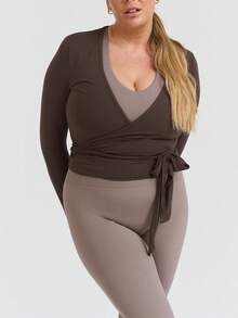 Women Ballet Wrap Top Long Sleeve Deep V Neck Cross Tie Workout Pilates Yoga Shirts Wrap Tie Crop Tops Sportswear Y2k Streetwear Slim Fitted Coquette Blouses - 咖啡色 - 查看 6