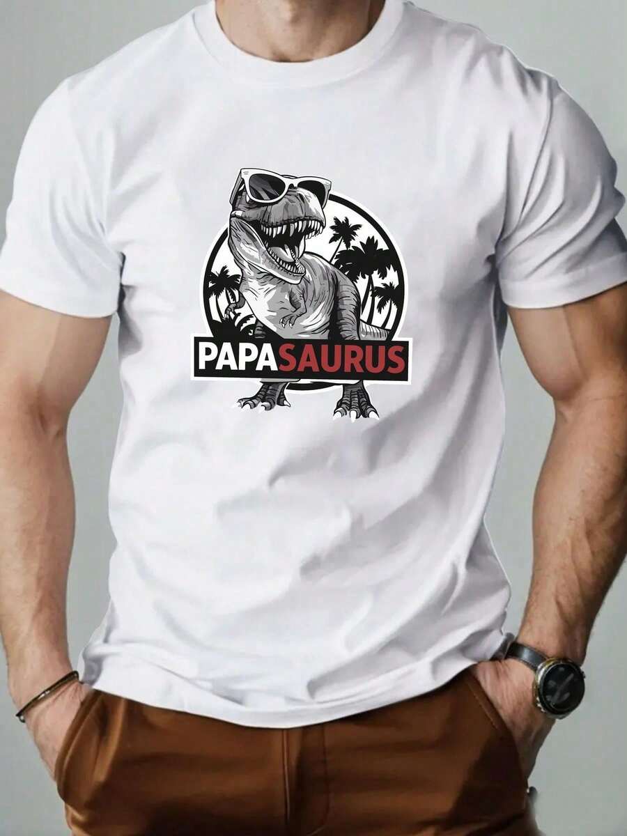 Camiseta masculina 100% algodão com estampa retrô de dinossauro Papa Saurus - Modelagem solta com gola redonda e manga curta, blusa casual de verão respirável com estampa por transferência térmica para adultos, design em tricô, roupa com tema de dinossauro. - Preto - Ver 1
