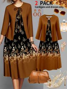 2pcs/Set Women's Elegant And Intellectual Casual Dress, Including Cardigan Tie-Front Top And Leaf Print Sleeveless Dress, Suitable For Daily Commute, Dates, Gatherings, Holiday Parties In Spring/Summer. The Top And Dress Can Be Worn Separately. - Khaki - View 3