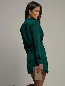 Elegant Long Sleeve Satin Mini Shirt Dress With Slit, Dark Green - Dark Green - View 3
