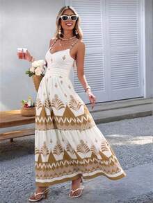 Women's Long Spaghetti Strap Dress With Braided Print, Summer Clothes, Valentine's Day, Vacation Looks, Beach, Festival, Romantic, Bohemian, Boho, Carnival. Ruffled Hem. Gathered. With Belt. Beach. Vacation. - 卡其色 - 查看 1