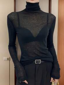Camiseta interior de cuello alto negra para mujer de talla grande, nueva camiseta de manga larga delgada y transparente de malla para otoño/invierno 2025, casual de primavera - Negro - Ver 3