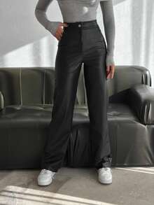Women's Black PU Leather Wide Leg Pants, Casual Trousers With Zipper And Pockets, Medium Stretch Fabric - Black - View 1