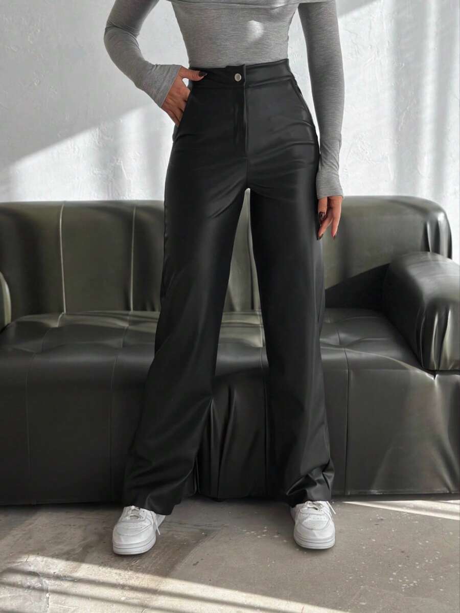 Women's Black PU Leather Wide Leg Pants, Casual Trousers With Zipper And Pockets, Medium Stretch Fabric - Black - View 1