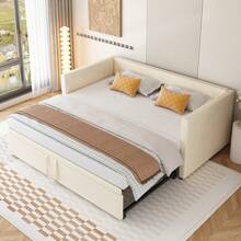 Folding Bed With Slatted Base, 90/180*200 Multifunctional Sofa Bed, Made Of Skin-Friendly Beige Velvet Fabric. - Beige + Upholstered + 90cm*200cm - View 6