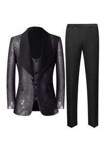 Mens Suits 3 Piece Graffiti Suit Single Breasted One Button Jackets Formal Dress Party Prom Tuxedo Suits Blazer Set - 黑色 - 查看 4