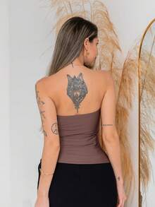 Butterfly Cropped Blouse With Ruffled Neck Tie - Coffee Brown - View 2