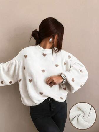 Plus Heart Pattern Drop Shoulder Sweater
