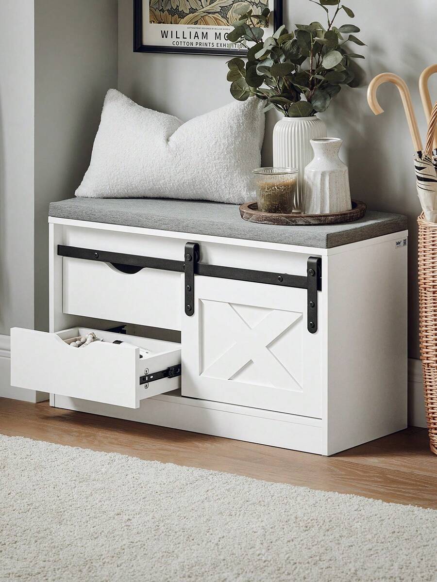 SoBuy Hallway Shoe Bench Shoe Rack Shoe Cabinet With A Sliding Door And Seat Cushion White W80 X D30 X H49cm FSR153-W - White - View 1