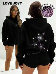 Sweat-shirt à capuche court avec strass en forme d'étoile LOVE JOYY pour femmes, ample, élégant et décontracté, parfait pour le port quotidien en automne et en hiver. Top noir à manches longues