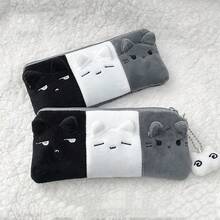 1个可爱毛绒黑白灰小猫铅笔盒，高品质简约大容量收纳袋，学生文具整理包，儿童学习用品收纳袋 - 彩色 - 查看 8