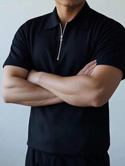 Herrtröja med kortärmad krage och dragkedja, avslappnad passform, mångsidig för daglig pendling