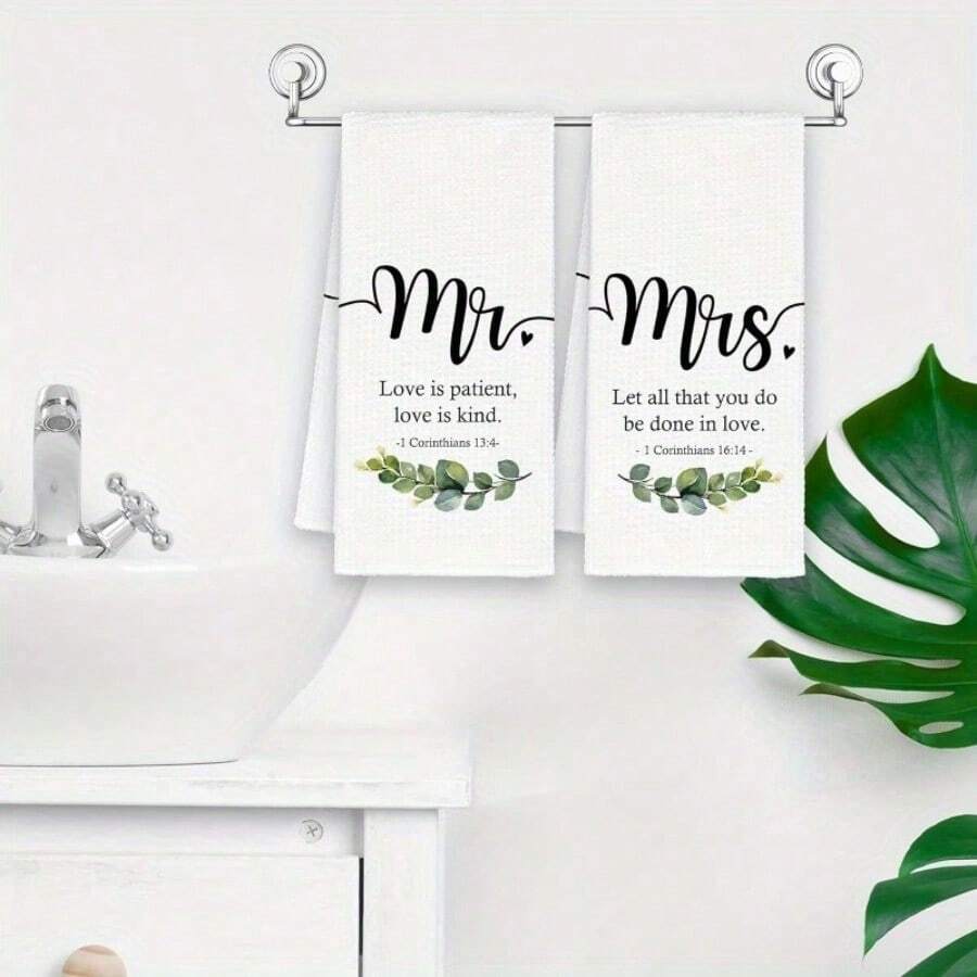 2PCS 15x24 Inches "Mr. & Mrs." Couple Towels, Polyester Microfiber Soft & Thick Style, Heart & Floral Patterns, Kitchen & Bathroom Decor, Christmas Gift, Excellent For Wedding Anniversaries, High Cost-Effective Quality Material, Absorbent & Durable, Couple Decor Highlight, Suitable For Gifting & Personal Use, Non-Fading - Mr. & Mrs - 2pcs - View 1